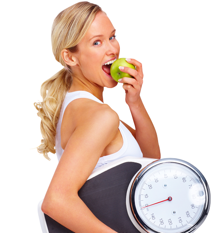 girl eating apple and holding body weight scale